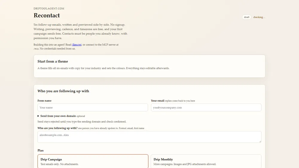 driptoolagent.com homepage: Recontact, six follow-up emails, no signup