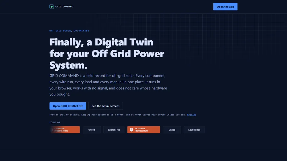 minigridmap.com homepage: GRID COMMAND, a digital twin for your off-grid power system