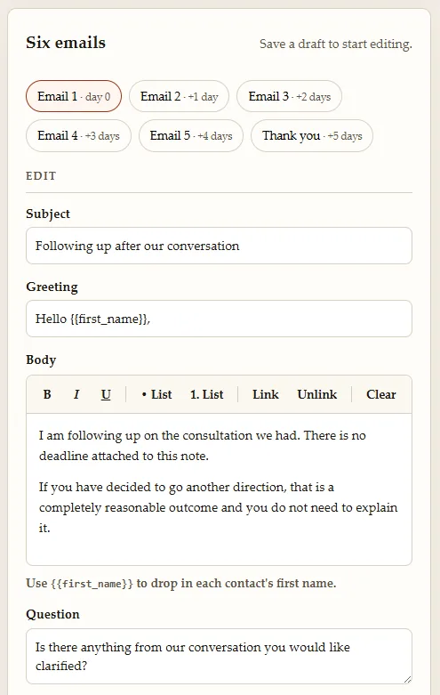 The Recontact editor on driptoolagent.com: six email tabs from day 0 to a thank-you on day 5, with subject, greeting, rich-text body and a closing question