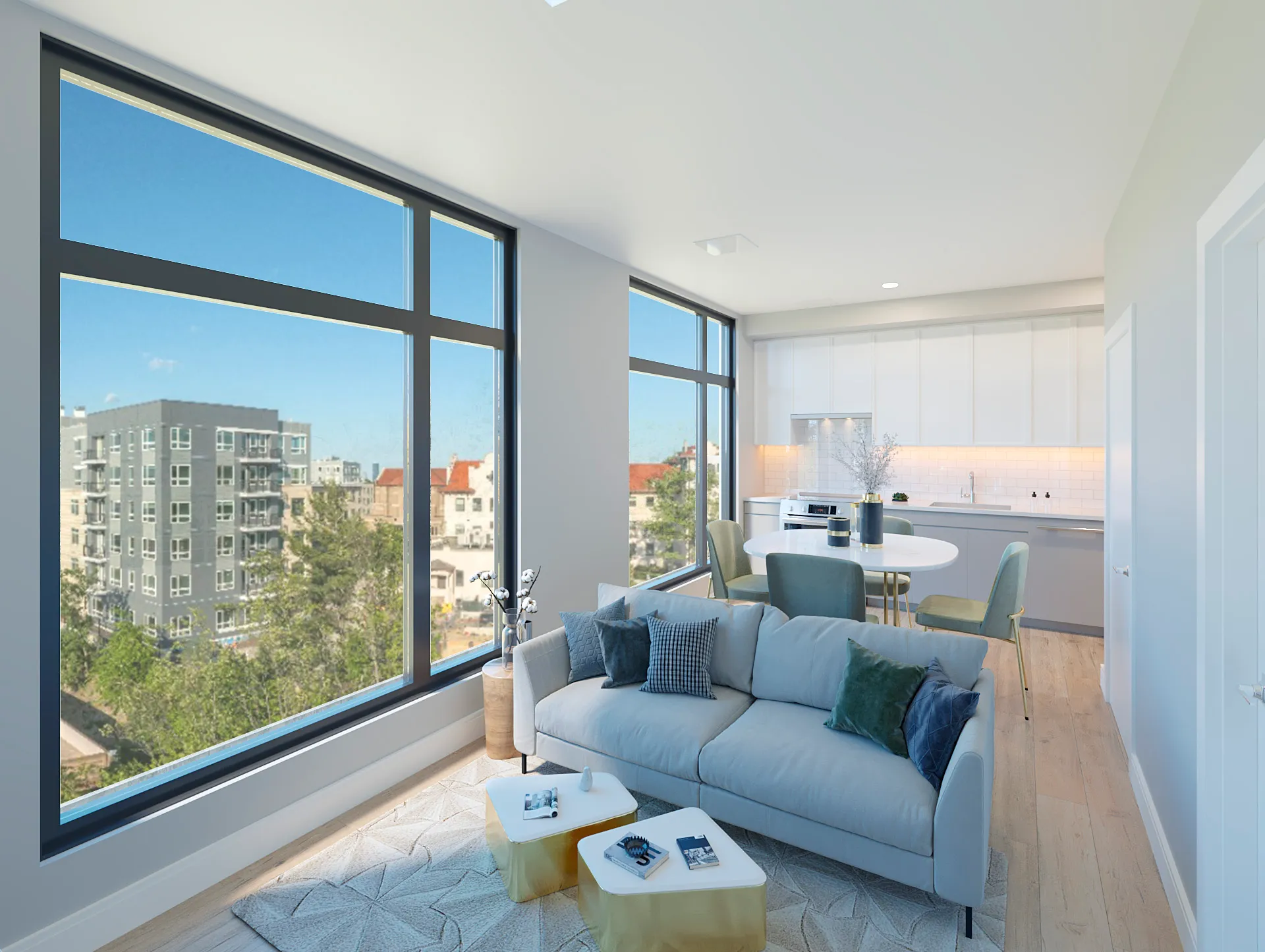 Living room with floor-to-ceiling windows and neighborhood views