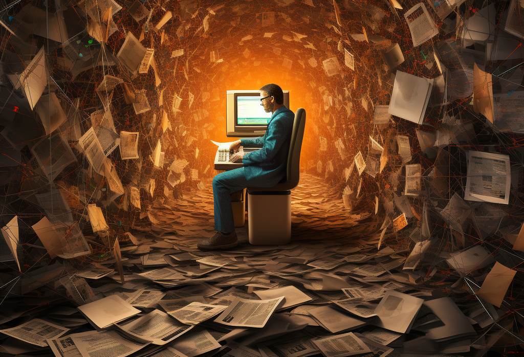 Image of a person working at a keyboard with messages swirling around in a vortex, tunnel like room. Perfect for Solving Your Most Complex Email Issues