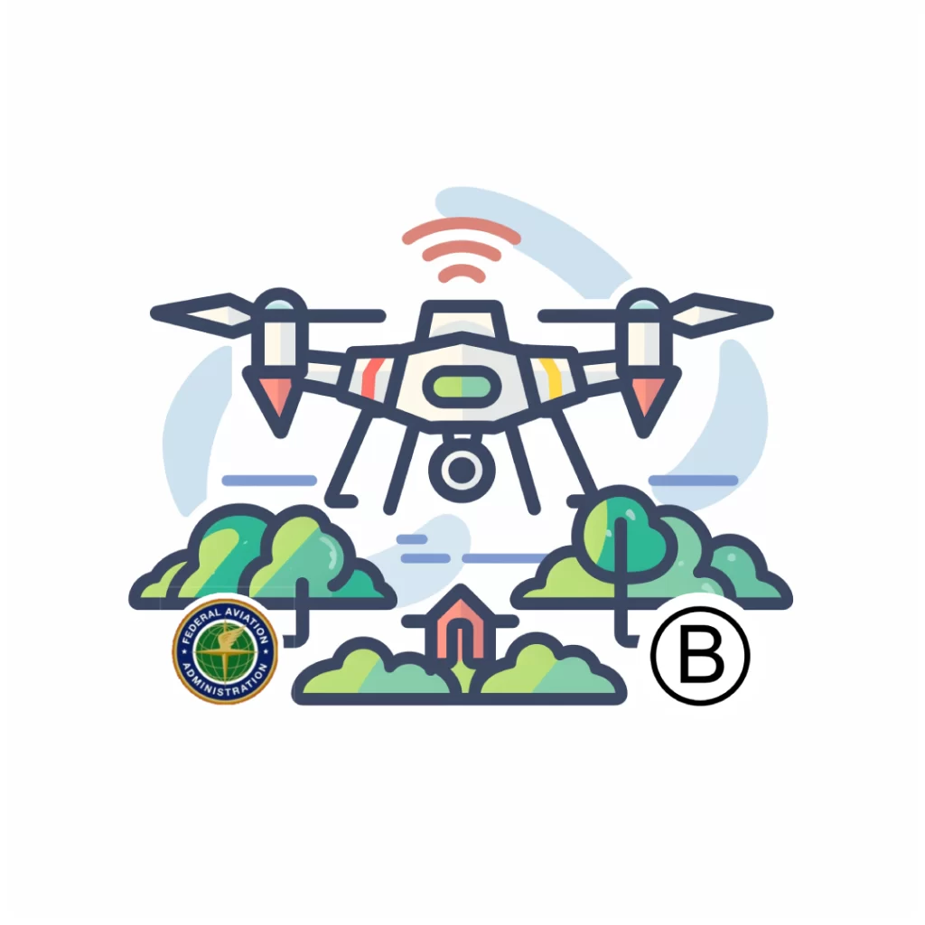 Illustration of a drone above trees and a home surveying for residential or commercial according to the symbolism.